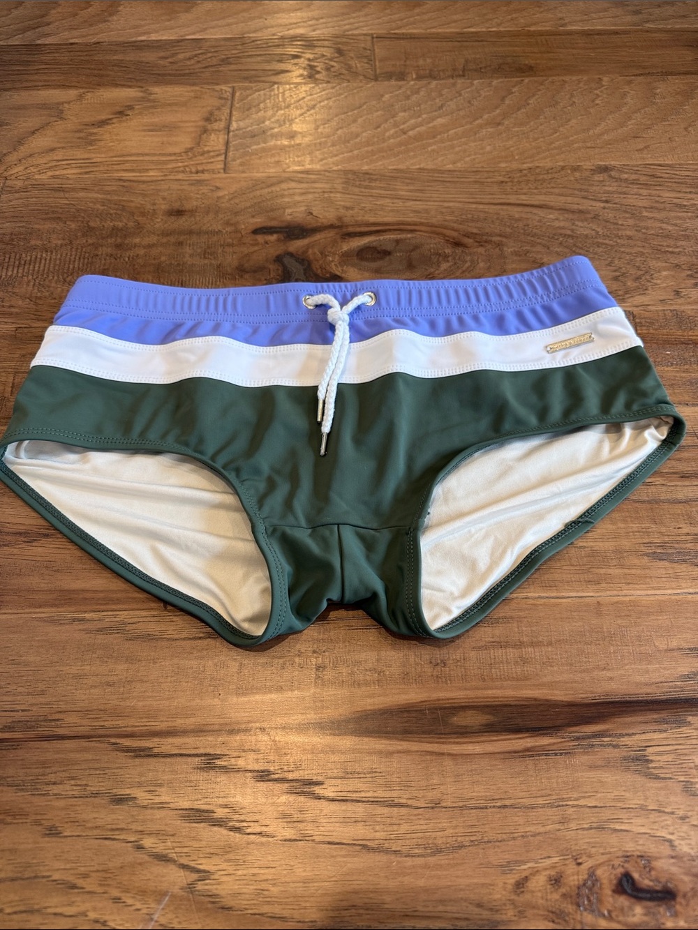 Parke & Ronen Olive Green, Periwinkle & White Colorblock Swim Trunks